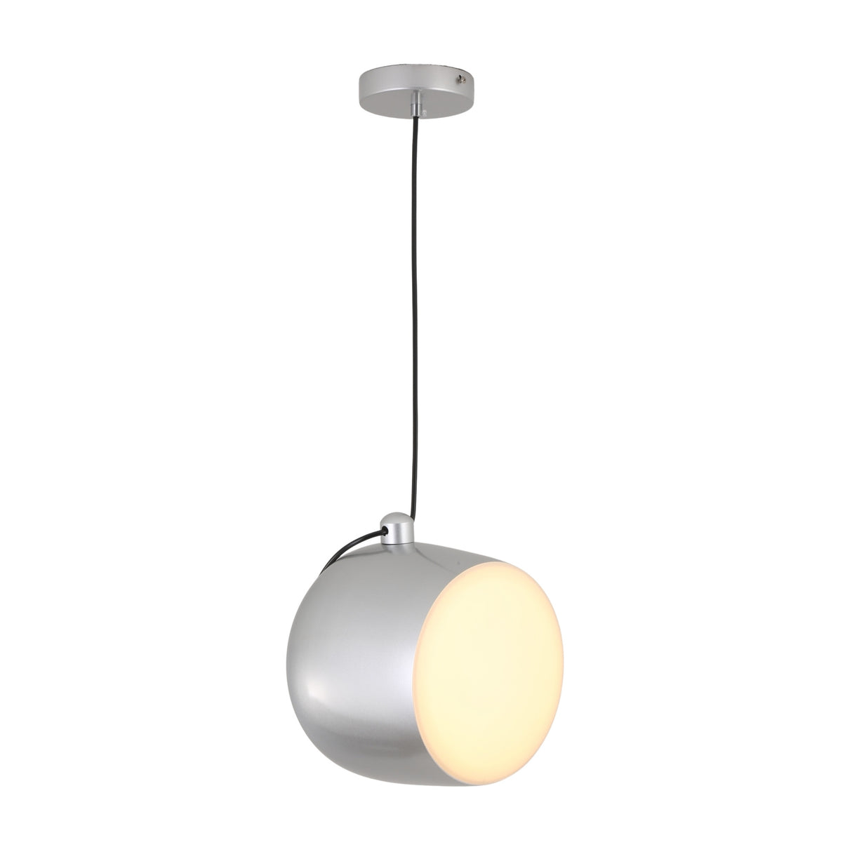 The Mono LED Pendant Light - Grey features a spherical silver shade with glowing white front, hung by a black cord and round mount—perfect as modern kitchen lighting.