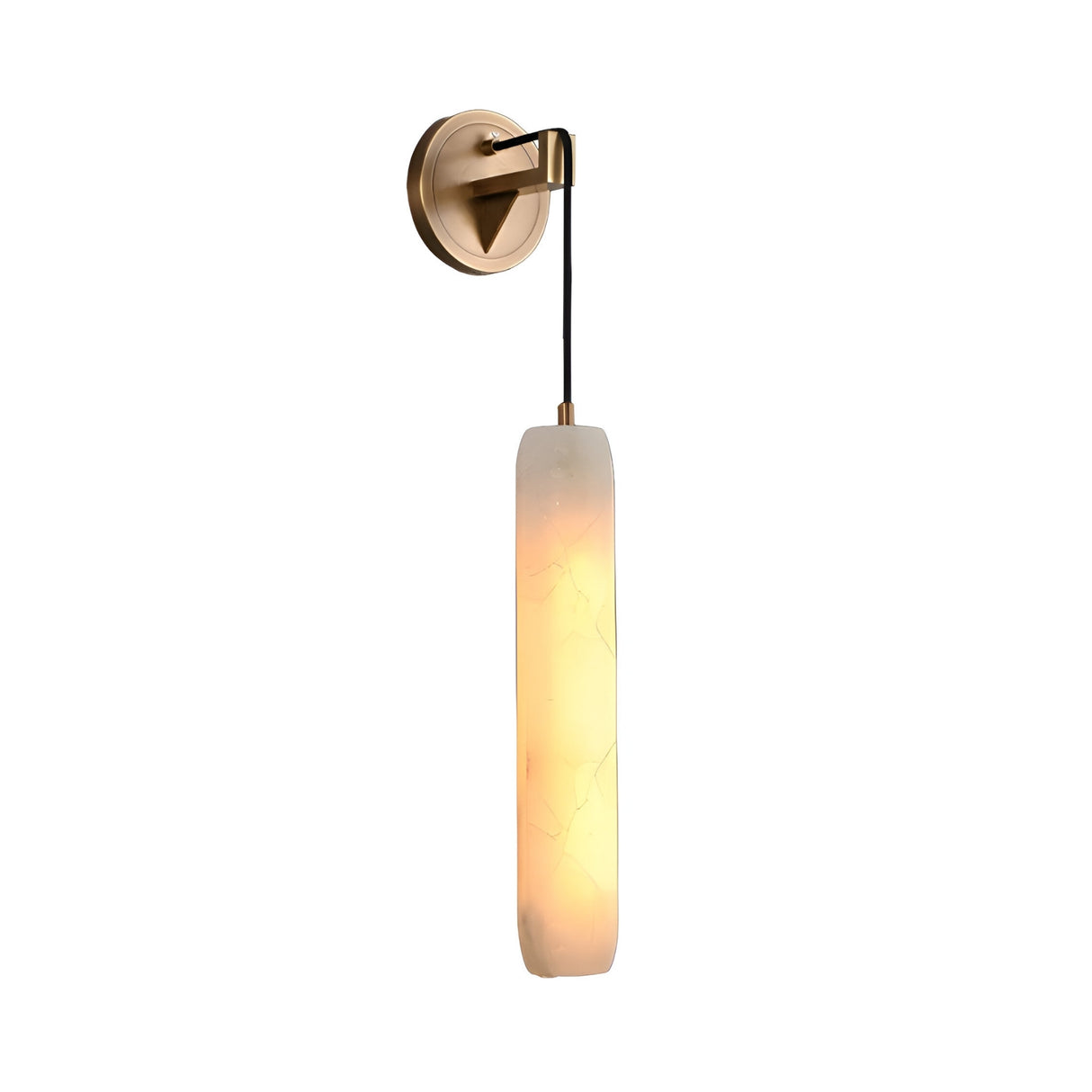 The Elystria LED Vertical Stone Alabaster Wall Light features a round gold brass base and a cylindrical alabaster fixture, suspended by a black cord and glowing softly in warm white.
