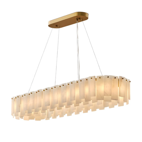 The Valeris 14 Light Layard Panel Alabaster Linear Chandelier in Soft White & Brass features Spanish alabaster panels, a gold ceiling mount, and four cables, emitting a warm, diffused light for a modern look.
