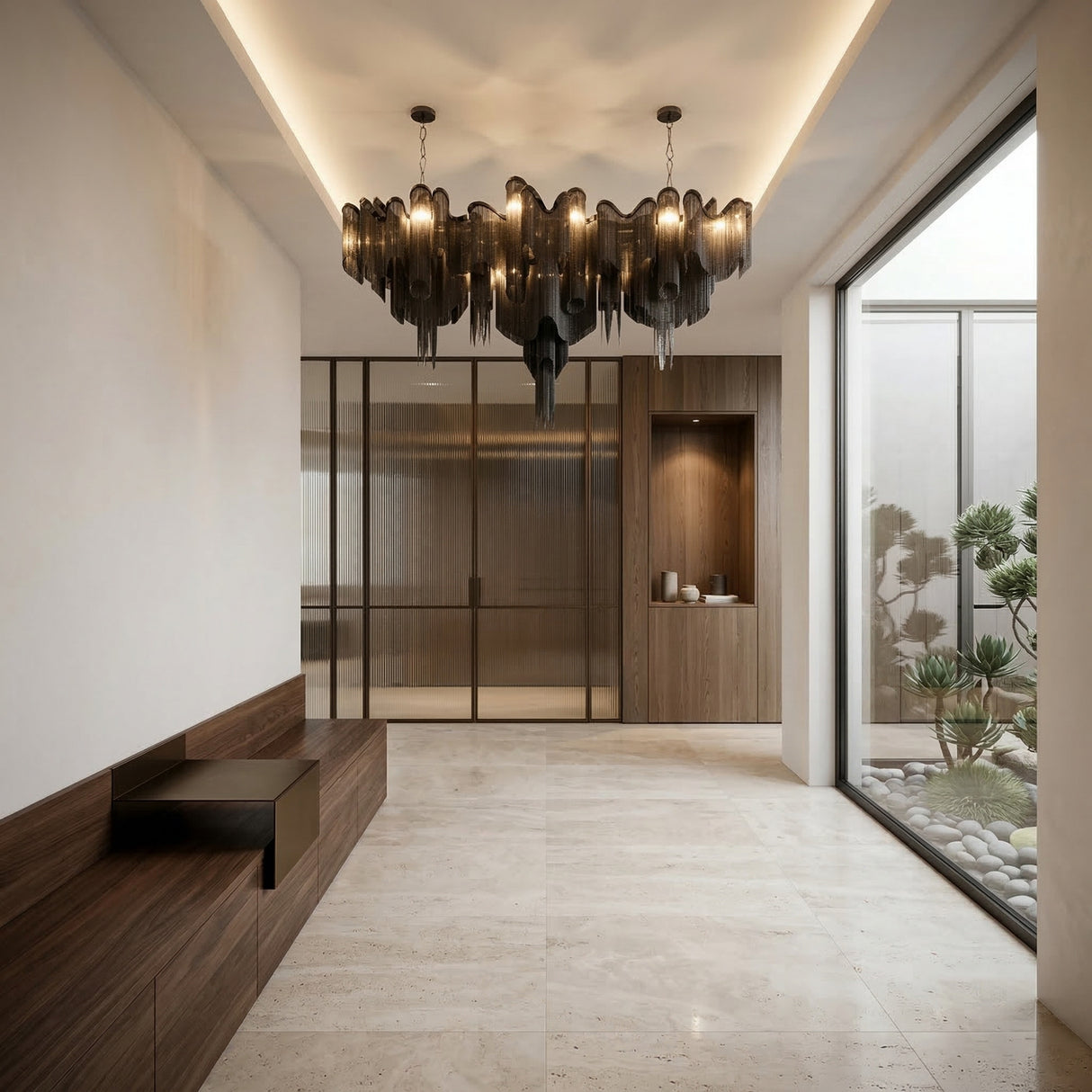 Niori Valora 15 light metal chain veil chandelier in black, suspended in a minimalist hallway with travertine floors, wood bench and glazed garden view.