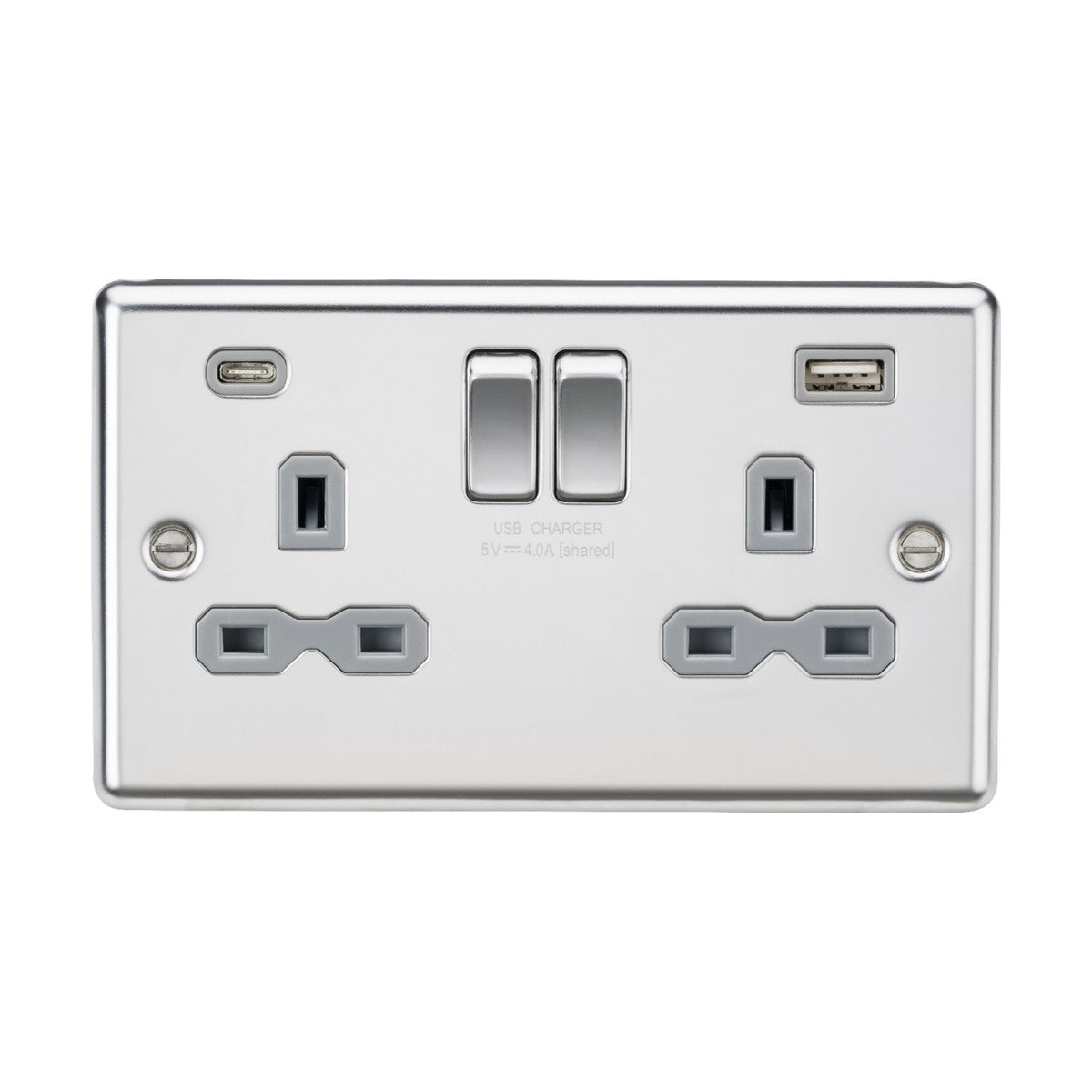 A polished chrome double electrical wall outlet with a rounded edge, featuring dual USB charger ports (one Type A and one Type C) in a sleek metallic finish. The charger socket includes two plug sockets and offers a shared 5V 4.0A USB charging capability.