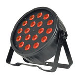QTX 18x1.5W RGB LED par can light by AVSL, angled view showing 18 red-lit LEDs behind a round black housing with floor stand bracket, on white.
