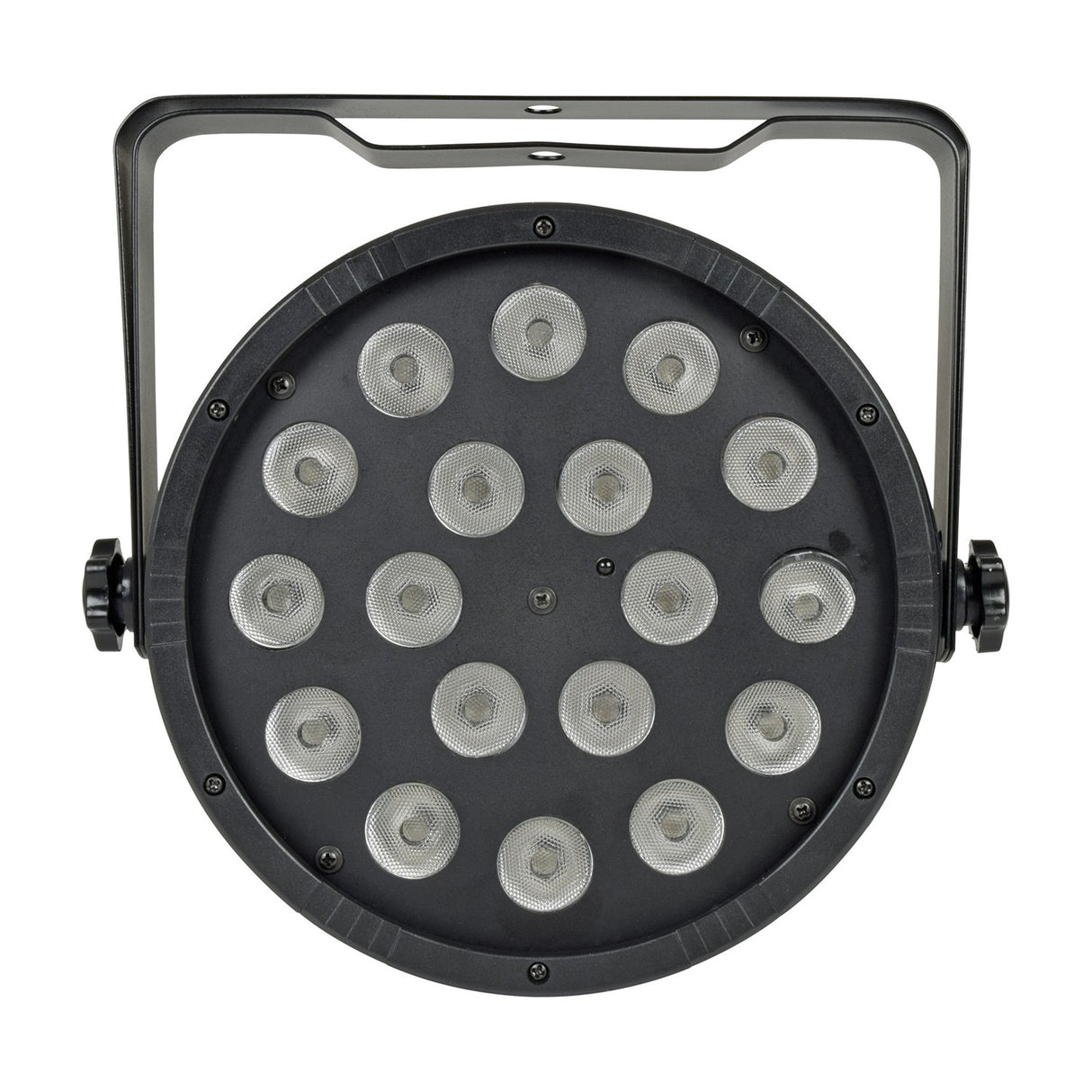 AVSL QTX RGB LED par can light with 18 lenses on a round black face and U-shaped mounting bracket, shown on a plain white background.