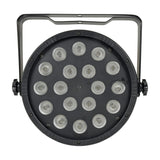 AVSL QTX RGB LED par can light with 18 lenses on a round black face and U-shaped mounting bracket, shown on a plain white background.