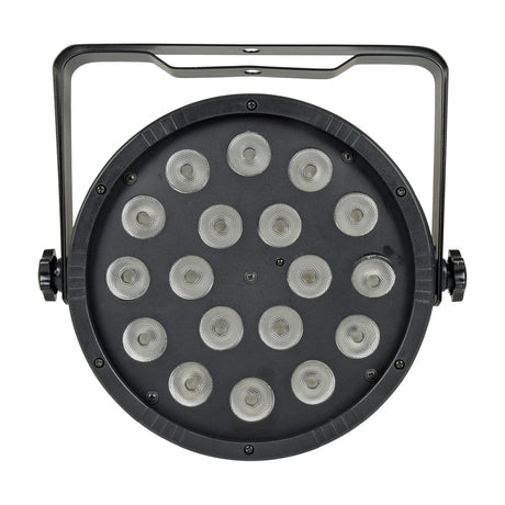AVSL QTX RGB LED par can light with 18 lenses on a round black face and U-shaped mounting bracket, shown on a plain white background.