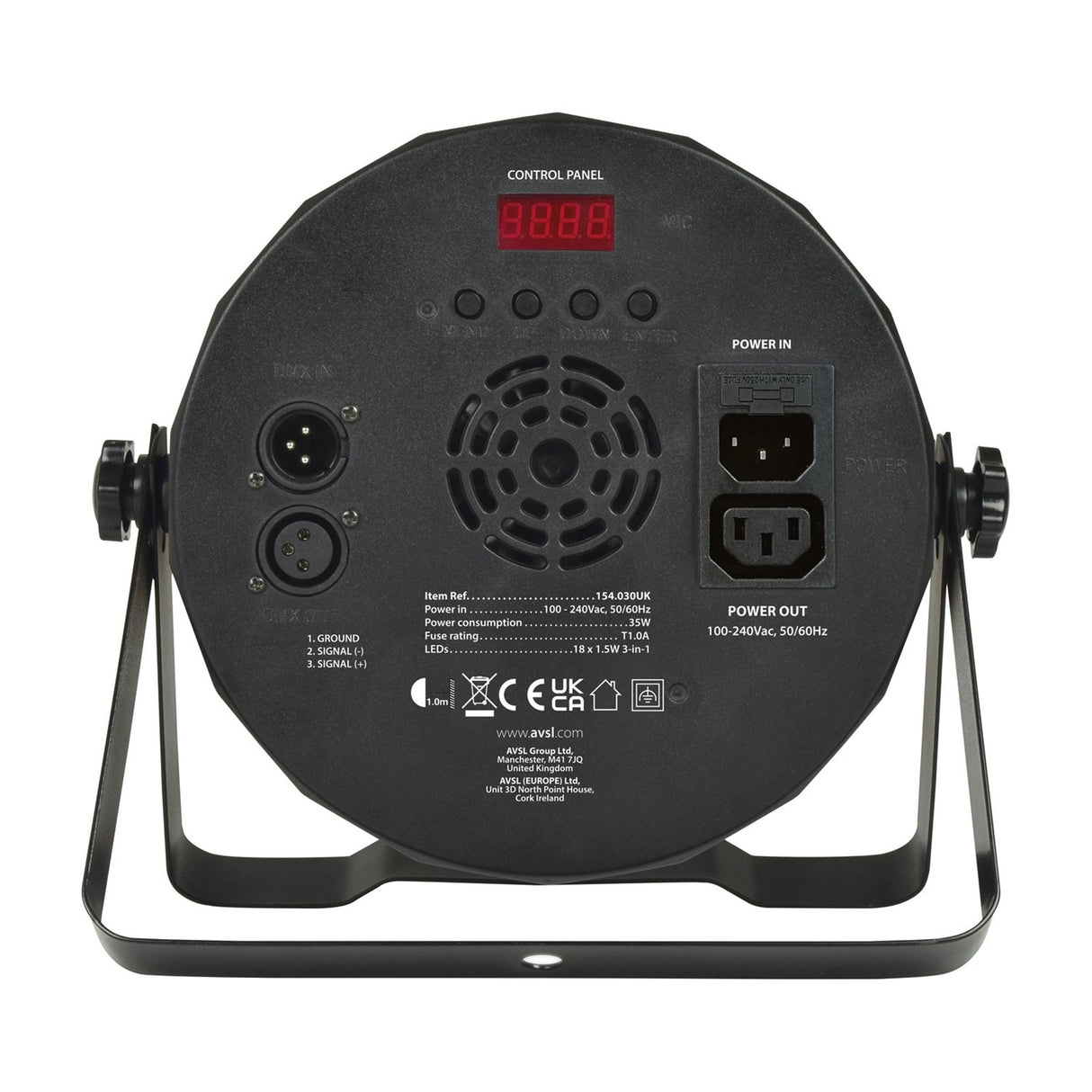 Rear view of QTX 18x1.5W RGB LED Par Can showing digital display, control buttons, DMX in/out XLR ports, power sockets, and mounting bracket.