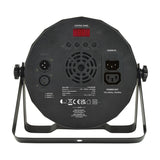 Rear view of QTX 18x1.5W RGB LED Par Can showing digital display, control buttons, DMX in/out XLR ports, power sockets, and mounting bracket.