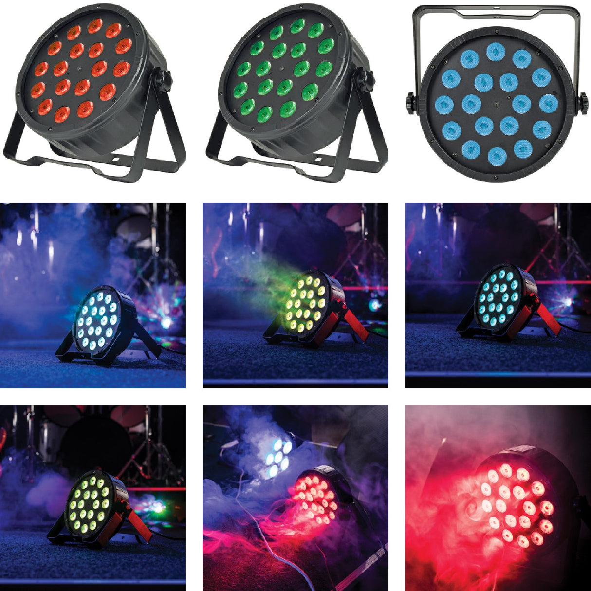 QTX 18x1.5W RGB LED par can light by AVSL shown in a grid of product and lifestyle shots displaying red, green, blue and mixed colour wash effects.