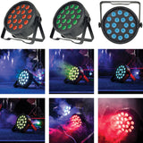 QTX 18x1.5W RGB LED par can light by AVSL shown in a grid of product and lifestyle shots displaying red, green, blue and mixed colour wash effects.