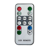 QTX LED Par Can IR remote with power, Enter, Auto, Music, Mode, Flash, Motor, DMX, and RGBW colour buttons on a white handset.