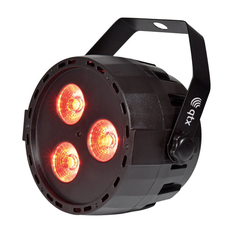 QTX 3x4W Mini Par Light RGBW with three lit red LEDs in a black moulded housing, tilt bracket and thumbscrew, on a plain white background.
