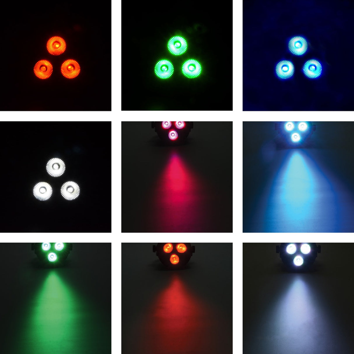 QTX Mini Par Light by AVSL shown in a nine-image grid displaying red, green, blue and white LED output and coloured beam projections.