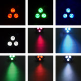 QTX Mini Par Light by AVSL shown in a nine-image grid displaying red, green, blue and white LED output and coloured beam projections.
