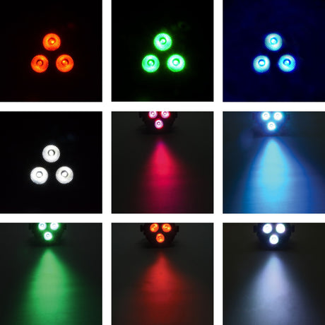 QTX Mini Par Light by AVSL shown in a nine-image grid displaying red, green, blue and white LED output and coloured beam projections.