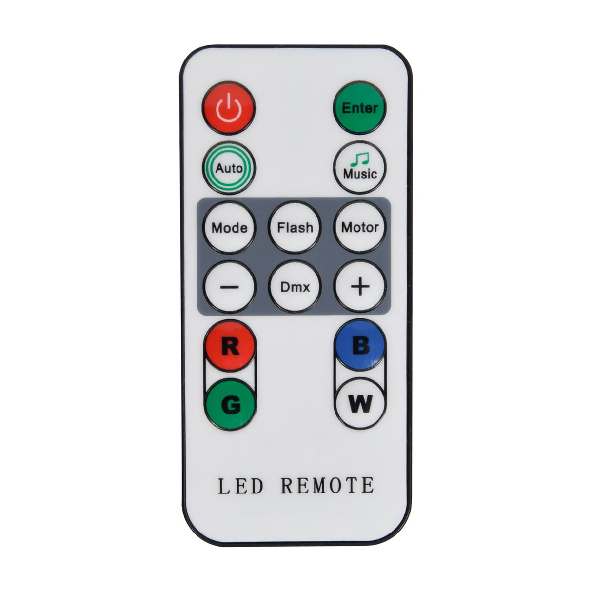 QTX LED remote control by AVSL with power, Enter, Auto, Music, Mode, Flash, Motor, Dmx, +/− and RGBW colour buttons on a white background.