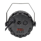 Rear view of the AVSL QTX 3x4W Mini Par Light showing DMX in/out XLR ports, digital display, control buttons, mains lead, and tilt bracket yoke.
