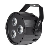 QTX 3x4W Mini Par Light RGBW stage fixture by AVSL with three LED lenses, vented moulded housing and black tilt bracket with thumbscrew.