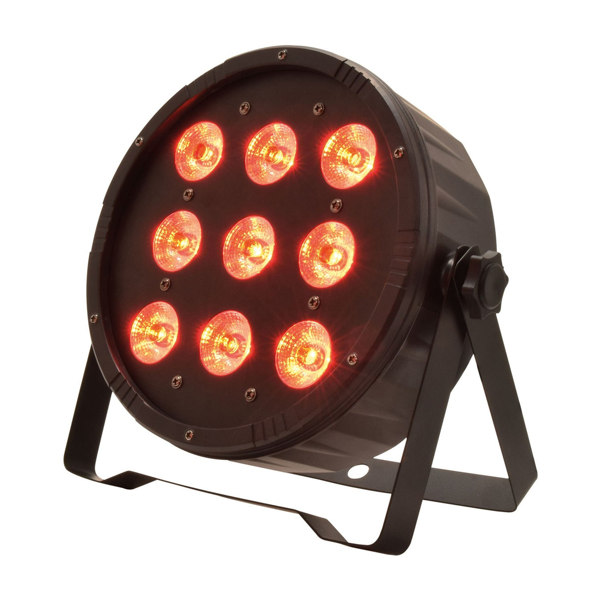 QTX 9x6W RGBW LED par can light by AVSL, black metal housing with nine illuminated red LEDs and side yoke bracket, on a white background.