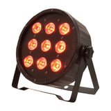 QTX 9x6W RGBW LED par can light by AVSL, black metal housing with nine illuminated red LEDs and side yoke bracket, on a white background.