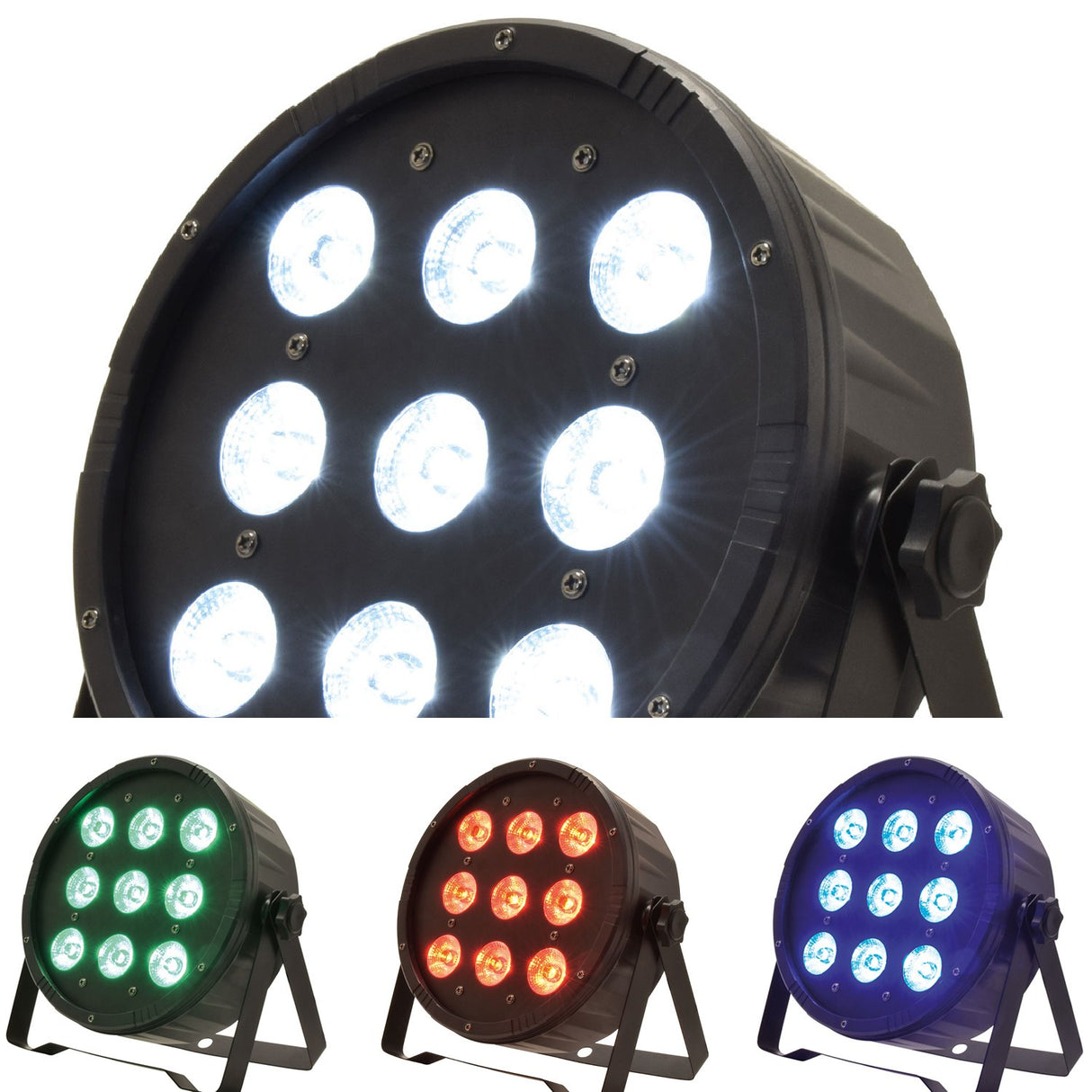 QTX 9x6W RGBW LED par can light shown in white, green, red and blue output modes with black flat metal housing and yoke bracket.