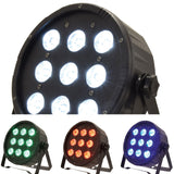 QTX 9x6W RGBW LED par can light shown in white, green, red and blue output modes with black flat metal housing and yoke bracket.