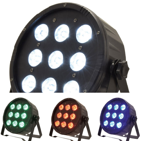 QTX 9x6W RGBW LED par can light shown in white, green, red and blue output modes with black flat metal housing and yoke bracket.