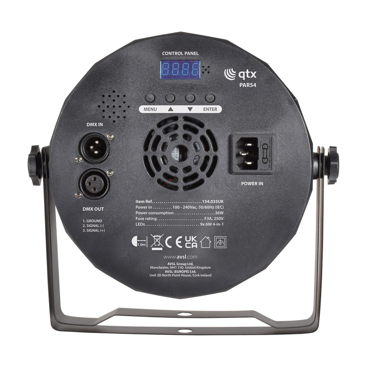 Rear view of QTX PAR54 9x6W RGBW LED par can showing control panel, DMX in/out, IEC power inlet, cooling vent and specification label on black housing.