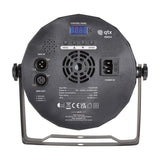 Rear view of QTX PAR54 9x6W RGBW LED par can showing control panel, DMX in/out, IEC power inlet, cooling vent and specification label on black housing.