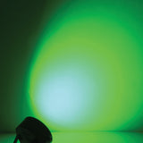 QTX 9x6W RGBW LED Par Can Light by AVSL projecting a green and white wash from a low-profile black metal housing on the floor.