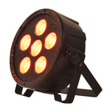 QTX 6x30W RGB LED par can light with six illuminated COB LEDs behind a matt black aluminium housing, fold-out kickstand and hanging bracket.