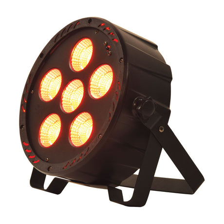 QTX 6x30W RGB LED par can light with six illuminated COB LEDs behind a matt black aluminium housing, fold-out kickstand and hanging bracket.