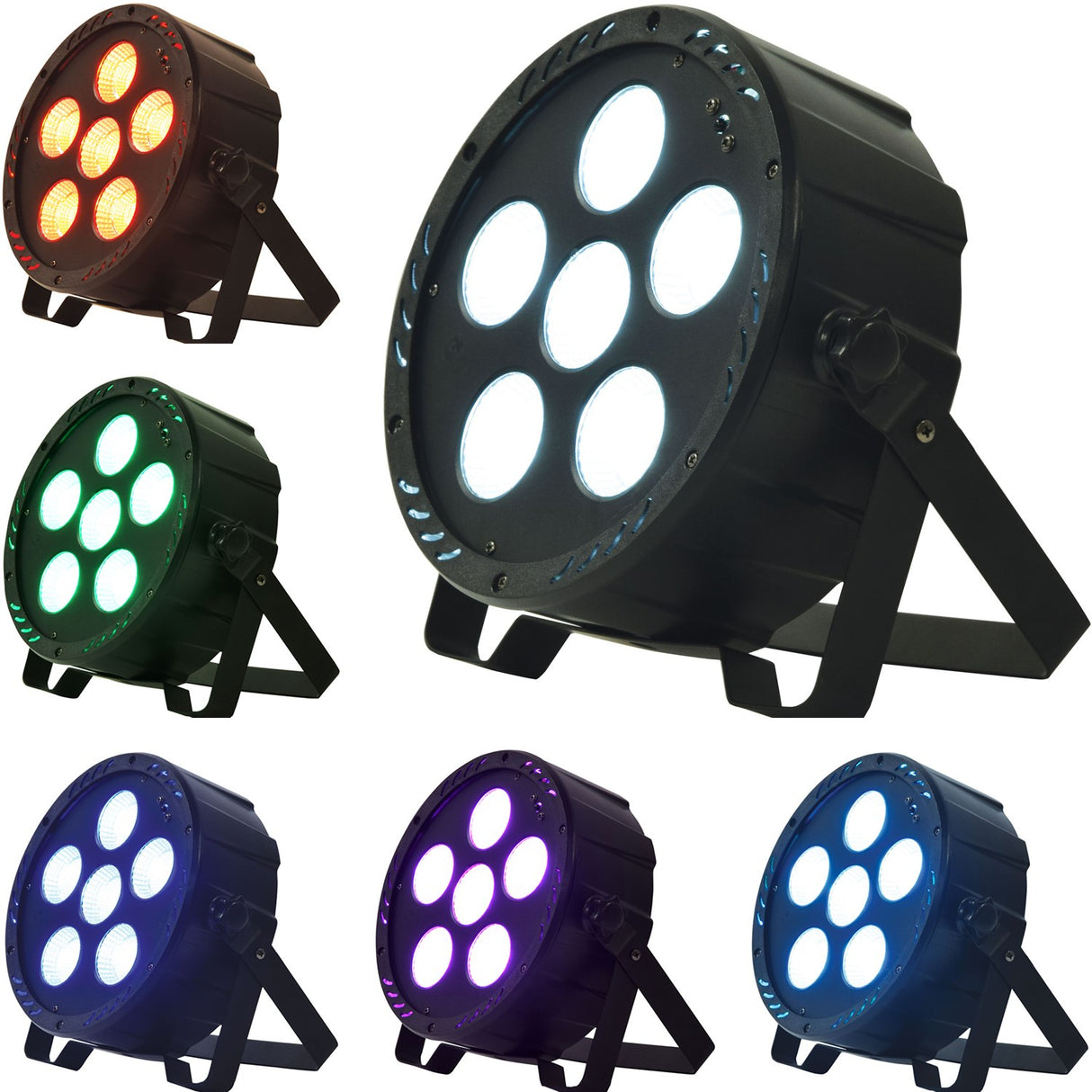 QTX 6x30W RGB LED Par Can by AVSL shown in white, red, green, blue, purple and cyan, with matt black aluminium housing and fold-out kickstand.