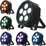 QTX 6x30W RGB LED Par Can by AVSL shown in white, red, green, blue, purple and cyan, with matt black aluminium housing and fold-out kickstand.