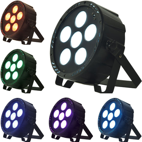 QTX 6x30W RGB LED Par Can by AVSL shown in white, red, green, blue, purple and cyan, with matt black aluminium housing and fold-out kickstand.
