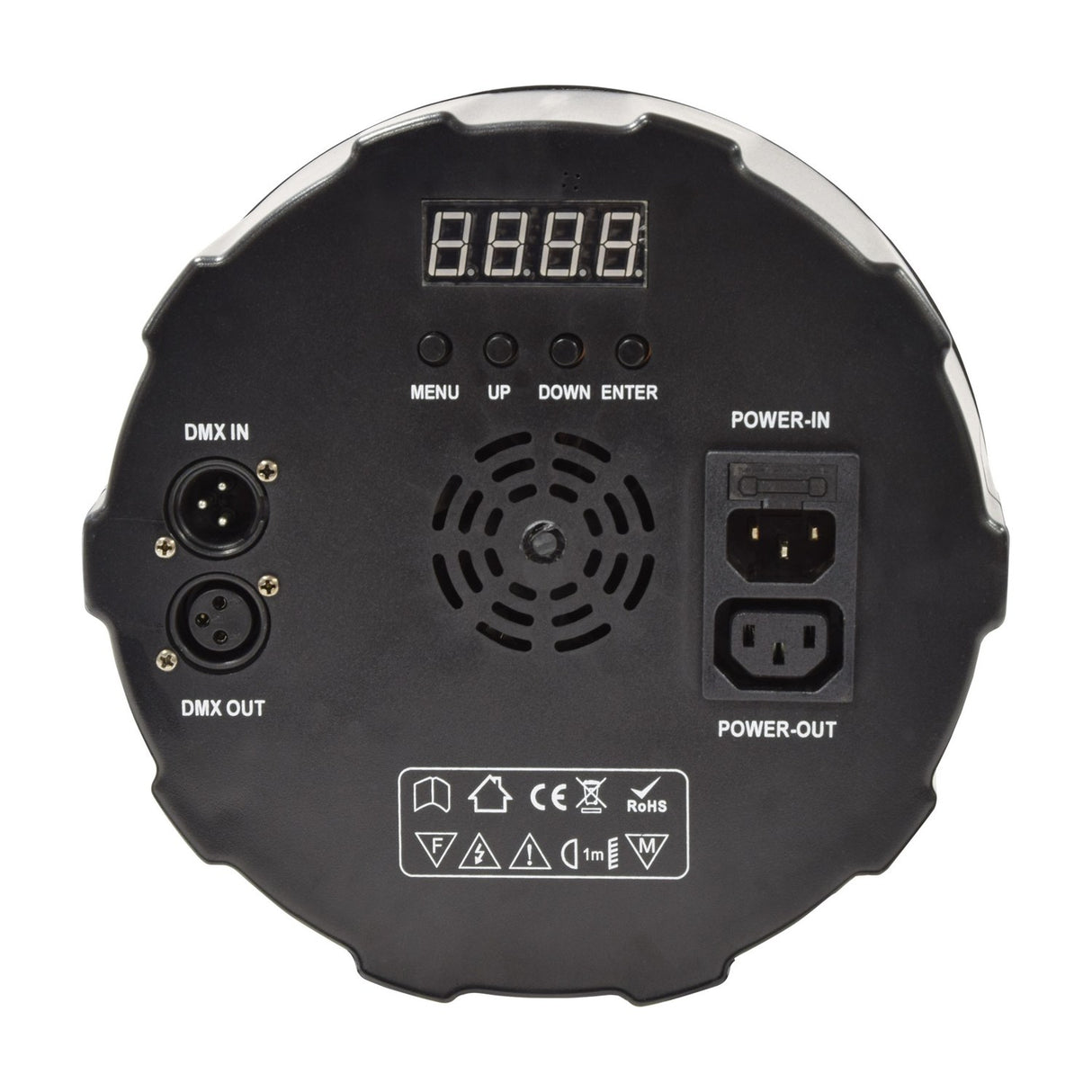 Rear view of the QTX 6x30W RGB LED Par Can Light showing digital display, menu buttons, DMX in and out sockets, power in and out, and matt black housing.