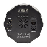 Rear view of the QTX 6x30W RGB LED Par Can Light showing digital display, menu buttons, DMX in and out sockets, power in and out, and matt black housing.