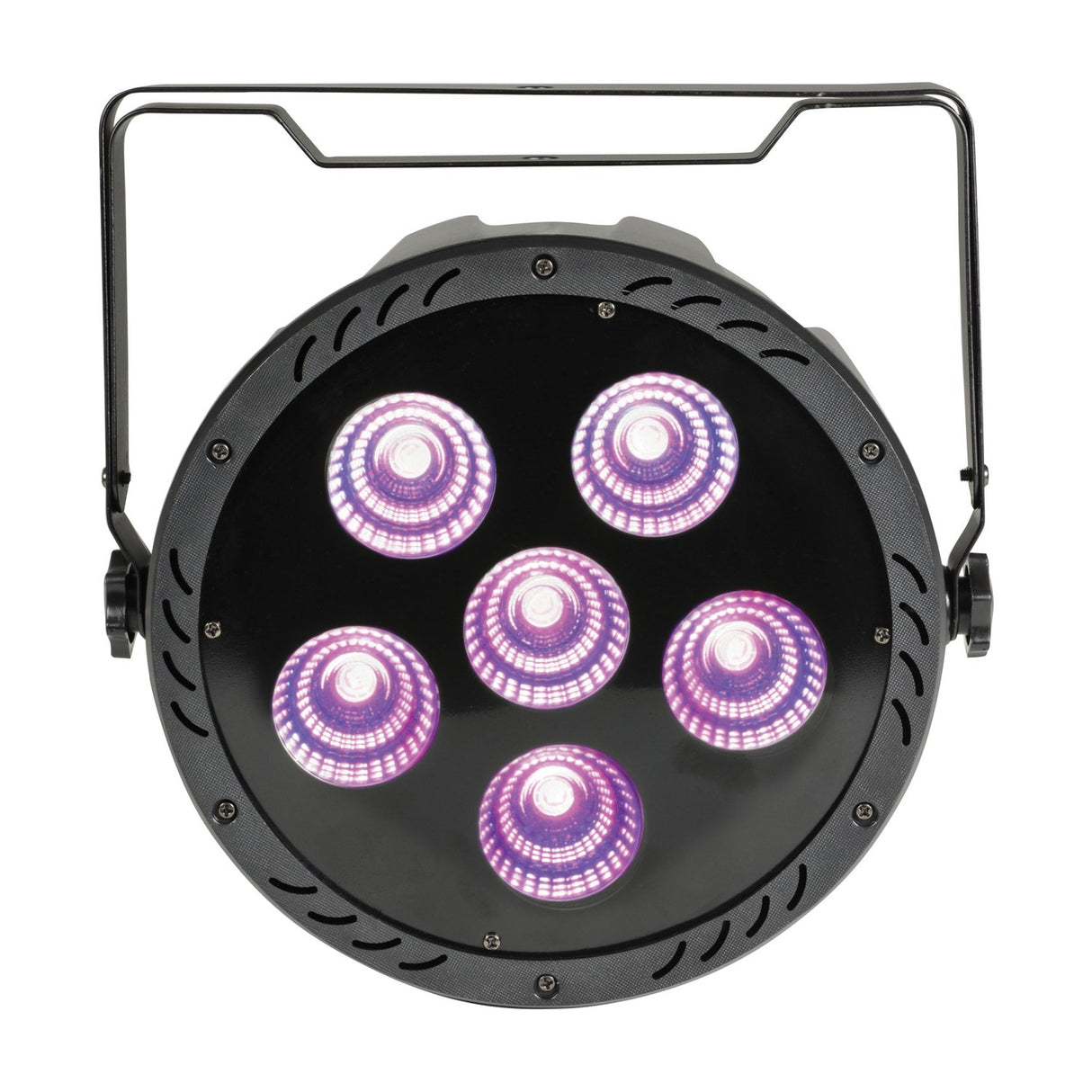 QTX 6x30W RGB LED par can light with six illuminated COB LEDs glowing purple, matt black aluminium housing and hanging bracket, on a white background.