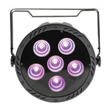 QTX 6x30W RGB LED par can light with six illuminated COB LEDs glowing purple, matt black aluminium housing and hanging bracket, on a white background.