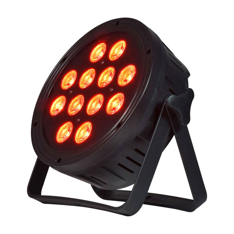 QTX 180W RGBWA+UV LED par can light by AVSL with twelve lit LEDs glowing red in a black round housing on a dual floor bracket.