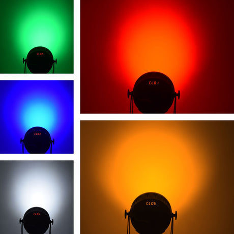 QTX LED par can light shown in five colour outputs: green, red, blue, white and amber, with digital display panel visible on each fixture.