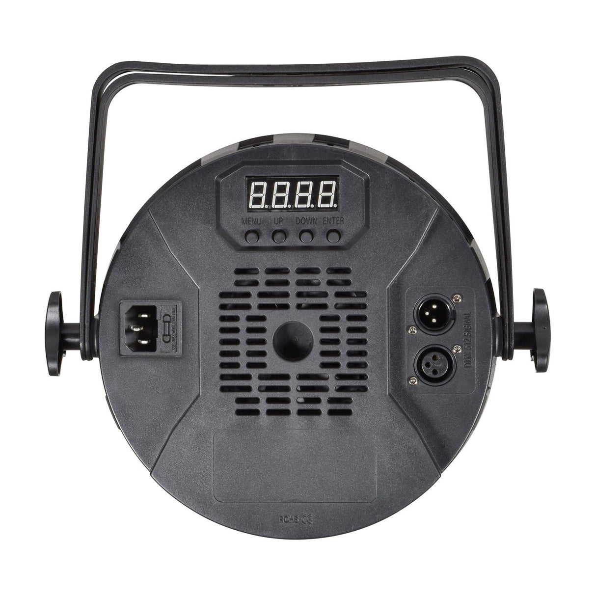 Rear view of QTX 180W RGBWA+UV LED par can light in black with digital display, menu buttons, ventilation slots, IEC power inlet and DMX ports.