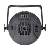 Rear view of QTX 180W RGBWA+UV LED par can light in black with digital display, menu buttons, ventilation slots, IEC power inlet and DMX ports.