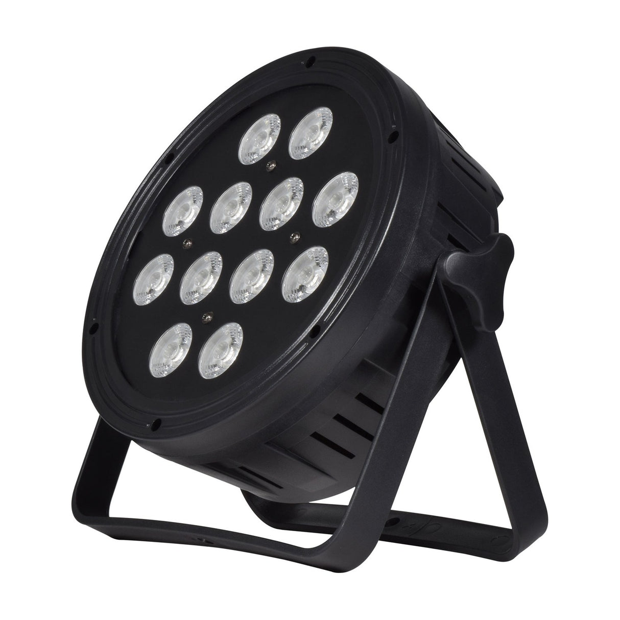 QTX 12x15W RGBWA+UV LED par can light in black metal housing with twelve lenses and dual mounting bracket, shown on a white background.