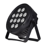 QTX 12x15W RGBWA+UV LED par can light in black metal housing with twelve lenses and dual mounting bracket, shown on a white background.