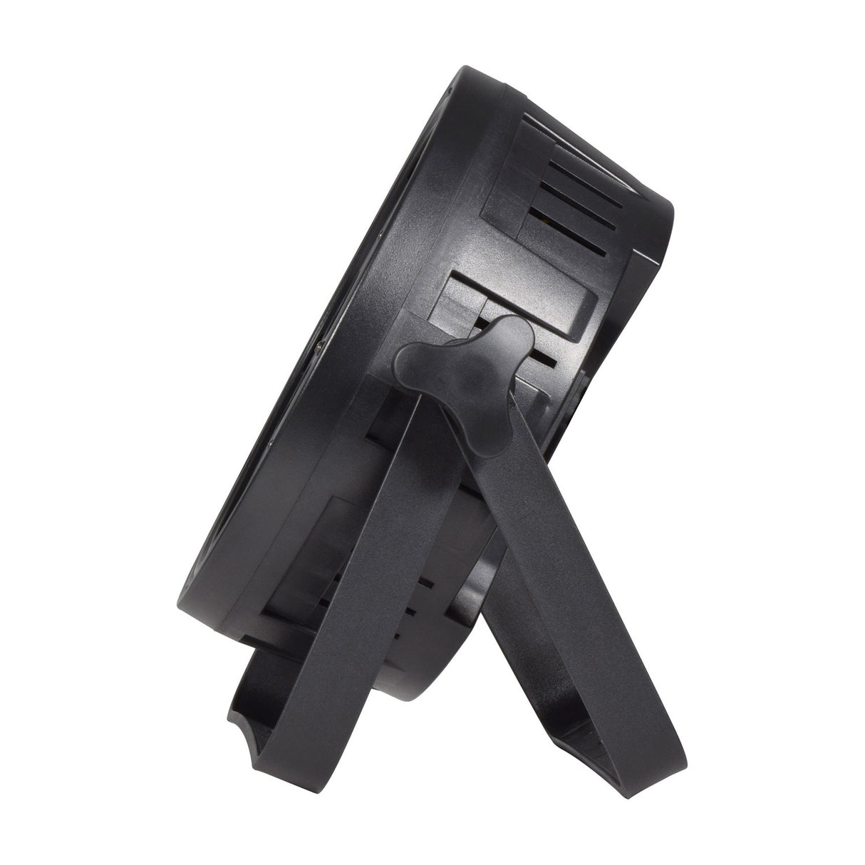 Side view of the QTX RGBWA+UV LED par can light in black with rear ventilation slots and dual mounting bracket extended, on a white background.