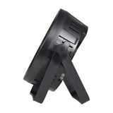 Side view of the QTX RGBWA+UV LED par can light in black with rear ventilation slots and dual mounting bracket extended, on a white background.