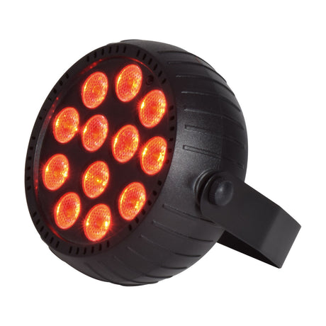 QTX rechargeable mini LED par can light with twelve red-lit RGB LEDs in a round black ABS housing with mounting bracket, on a white background.