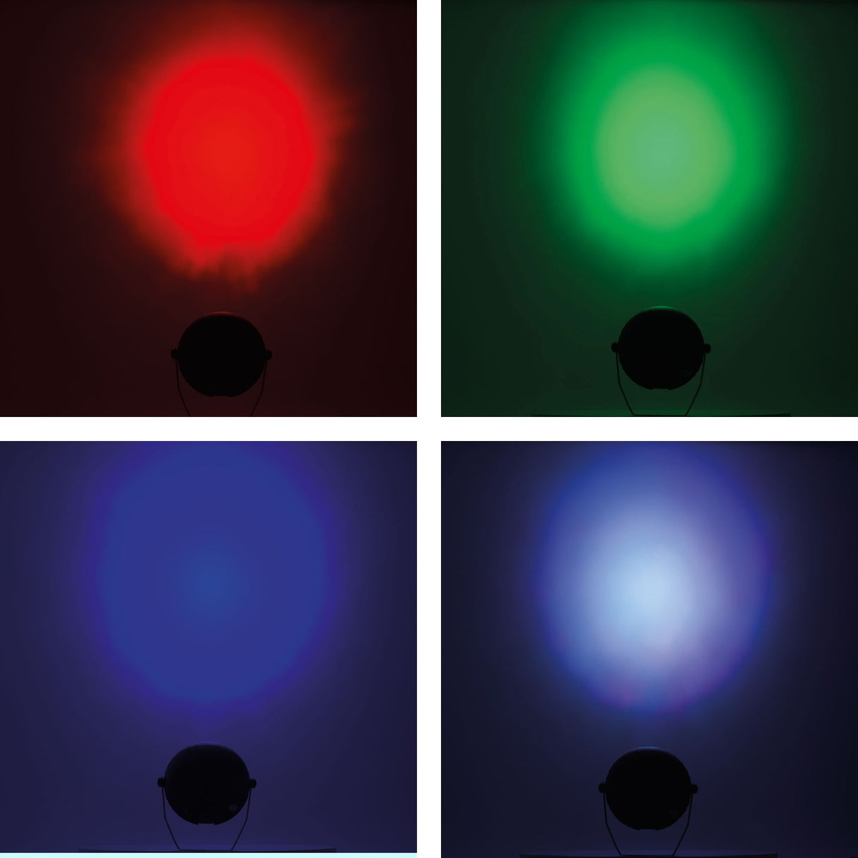 QTX mini LED par can by AVSL shown in a four-panel grid projecting red, green, blue and white beams from its compact black housing.