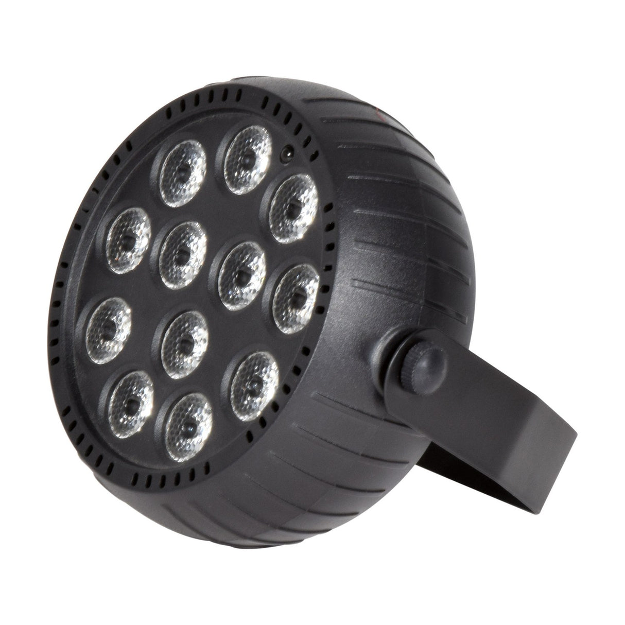 QTX rechargeable mini LED par can light with twelve RGB LEDs in a round matt black ABS housing with side mounting bracket, shown on a white background.