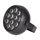 QTX rechargeable mini LED par can light with twelve RGB LEDs in a round matt black ABS housing with side mounting bracket, shown on a white background.
